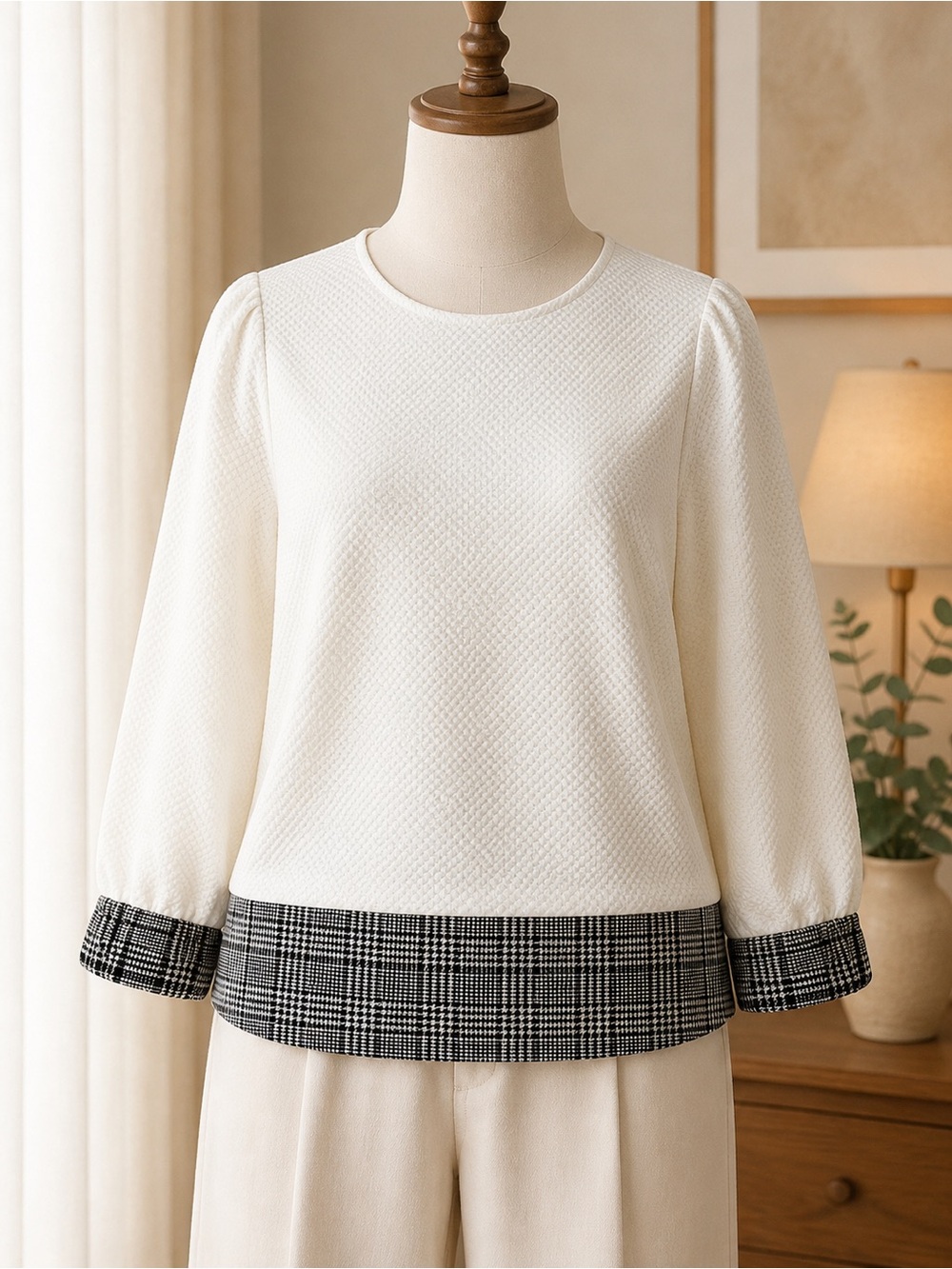 NWT Han Sheng Fashion Textured White Plaid Trim 3/4 Sleeve Top Size L